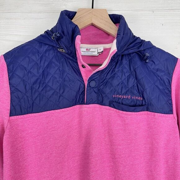 Vineyard Vines Shep Quilted Pullover Hoodie Women S Navy Pink Quarter Snap - Picture 3 of 15